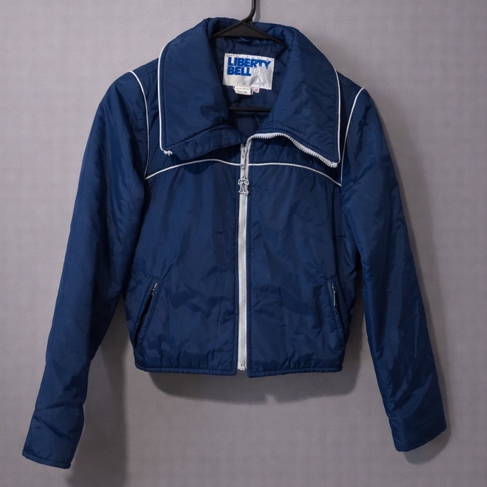 Vintage 80s Liberty Bell Blue Cropped Nylon Windbreaker Jacket Retro Ski Zip Up